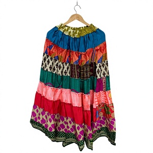 Women's Bohemian Patchwork Silk <b>Skirt</b> Handmade Elastic Waist Ruffles Floor-Length Color Blocked A-Line Summer Dress Style - Product Image 1
