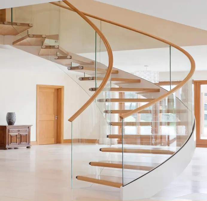 Marche incurvée de luxe moderne 12mm, en verre stratifié, avec intérieur LED, escalier d'intérieur en verre incurvé, nouveauté,