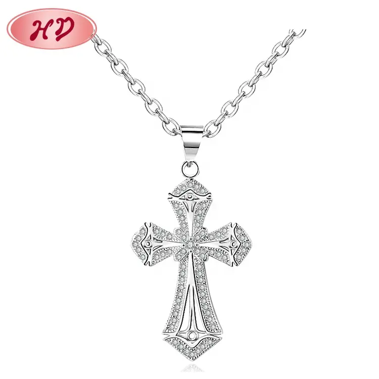 Gold Cross Men Pendant Necklace Custom 925 Sterling Silver Mens Necklace With Big Pendant