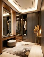 Système de dressing moderne et minimaliste, armoire de chambre avec coiffeuse intégrée et étagères ouvertes à éclairage LED