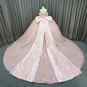 Vestido de Noche Largo hasta el Suelo con Perlas de Satén y Cola Lateral para Boda, Fiesta, Baile de Graduación, Temporada de Verano, con Decoración de Encaje y Cintura Natural, Quinceañera - Product Image 3
