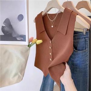 Vente en gros Gilet pour femmes à col en V Gilet tricoté Haut sans manches décontracté pour femmes - Product Image 3