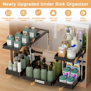 2-Tier Multifunction <b>Kitchen</b> Sink Storage Organizer Portable Standing Type Rectangle Black Home Organizers Save Space Racks - Product Image 2