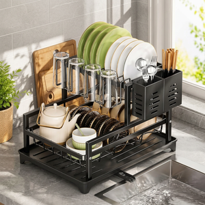 Escurridor de Platos de Dos Niveles con Organizador de Cubiertos y Bandeja de Drenaje para Cocina, Diseño Moderno, Material Plástico - Product Image 3