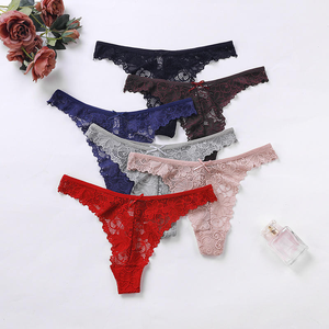 Women Floral Lace <b>Thong</b> Underwear Low-Rise <b>Seamless</b> Ultra-Thin Sexy Style Knitted Panties Gray - Product Image 2