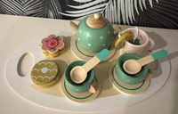Service à thé en bois pour tout-petits, design Art Déco, décoration de table de jeu pour filles et garçons, pots et casseroles couleur naturelle, coffret cadeau d'anniversaire pour enfants
