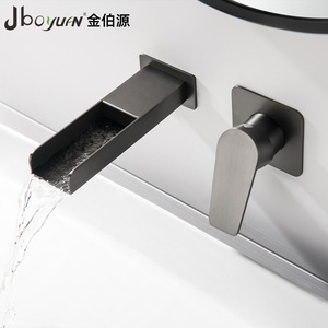 Jboyuan Wall Mounted Basin Faucet Gunmetal Gray Single Handle 304 Stainless Steel Waterfall Design - Product Image 1