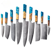 Ensemble de 9 couteaux de cuisine japonais en acier Damas VG10 avec manche en résine bleue octogonale, livré en coffret cadeau