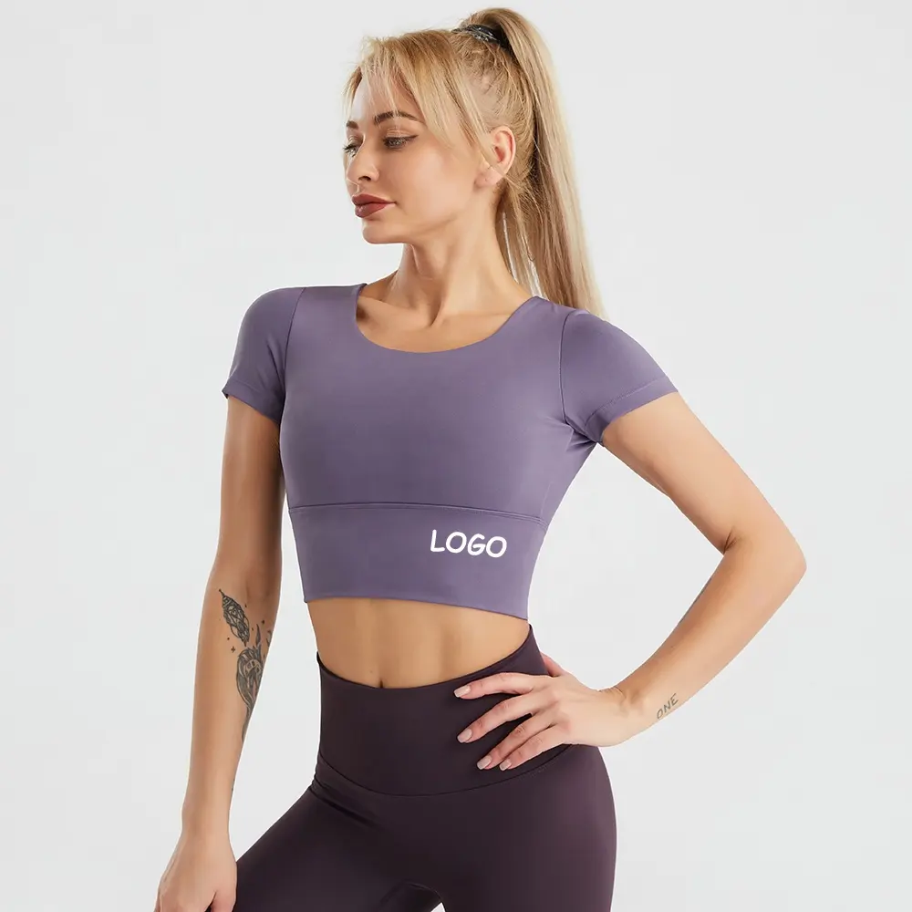 Logo Kustom Tali Punggung Silang Seksi Pakaian Olahraga Kebugaran Atasan Crop Yoga Kaus Gym Wanita dengan Bantalan Yang Dapat Dilepas
