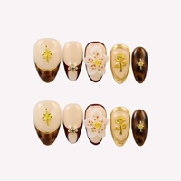 Offre Spéciale – Ongles en Acrylique à Presser, Style Maillard, Motif Tortue 3D, Or Rose, Strass, Forme Amande – Vente en Gros, Personnalisables, Faits Main