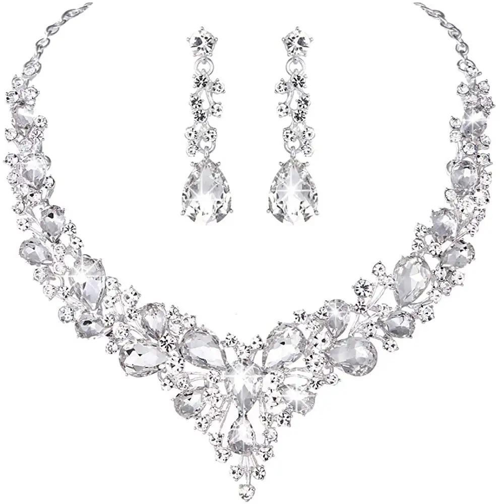 Women's Wedding Bridal Austrian Crystal Teardrop Cluster Statement Necklace Dangle Earrings Jewelry Set