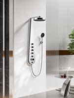 Colonne de douche 4 fonctions avec panneau de douche, barre coulissante, robinets thermostatiques en laiton brossé, montage mural moderne pour appartement et hôtel