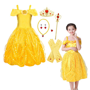 <span class=keywords><strong>Cosplay</strong></span> di Halloween bambine con volant sulle spalle Belle principessa vestire festa di compleanno paillettes principessa bella abito - Product Image 1