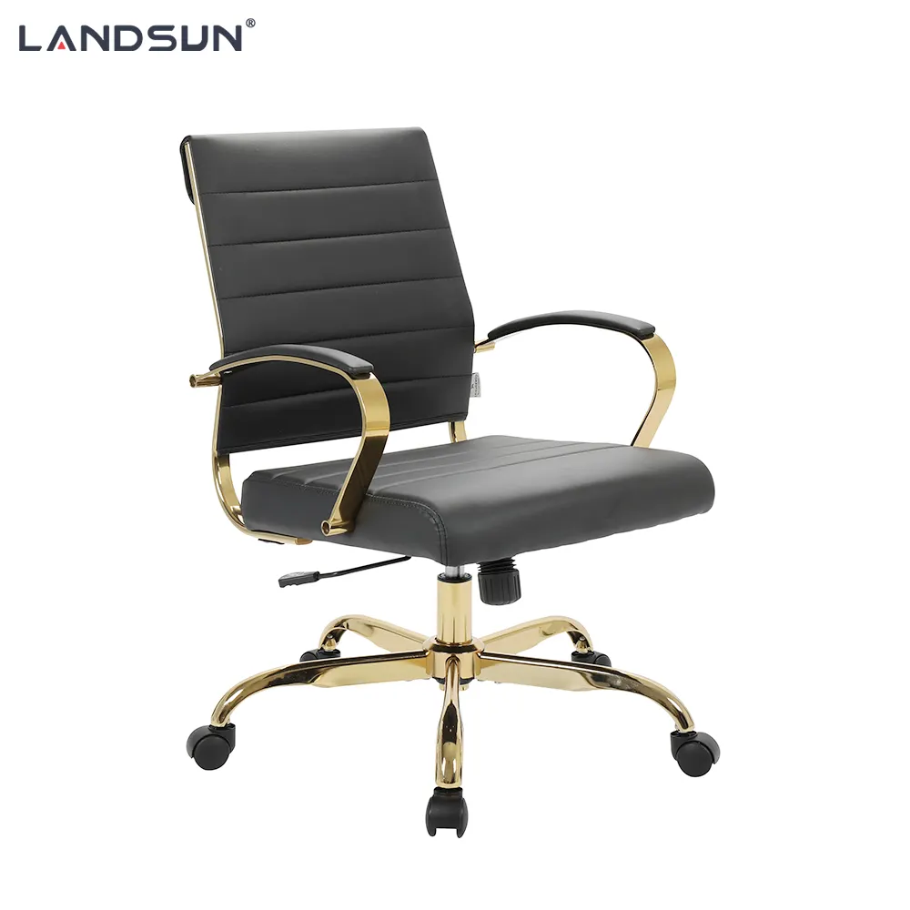 Black PU Leather Executive Chair Furniture Golden Chromed Metal Frame Swivel Office Chair腰痛