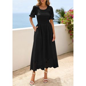 Vestido Maxi de Mujer con Ojales y Fruncido, Cuello Redondo, Manga Abullonada, Estilo Bohemio, para Fiesta, Fluido, de Verano, con Bolsillos, Tejido Transpirable - Product Image 5