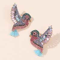 Nouvelles boucles d'oreilles pendantes tendance en forme de petit oiseau, incrustées de diamants colorés, en alliage personnalisé, avec franges, cadeau pour femme