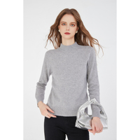 Pull en laine mélangée à col montant pour femme, maille fine gris chiné, doux, pour l'hiver, vente en gros