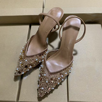 Nouvelles mules à talon aiguille pour femme, en maille, couleur abricot uni, ornées de perles, à bout ouvert, collection printemps