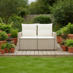 Canapé de jardin en rotin PE beige moyen avec accoudoirs réglables, deux places, mobilier d'extérieur - Product Image 2