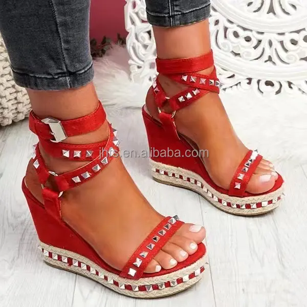 J&H 2022 new arrivals rivet platform sandals women wedges shoes chic lace up summer big size height increase shoes