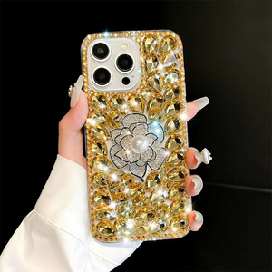 Lusso Bling alla moda perla fiore diamante PC custodia per telefono da <span class=keywords><strong>donna</strong></span> per iPhone 17 14 13 11 16 Pro Max Cover posteriore trasparente in oro - Product Image 6