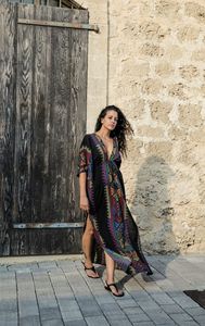 <span class=keywords><strong>Kaftan</strong></span> Beach Cover up Dress Sexy V-Back Hundiendo Cuello Media manga Side Split Mujeres Vestido de verano - Product Image 3