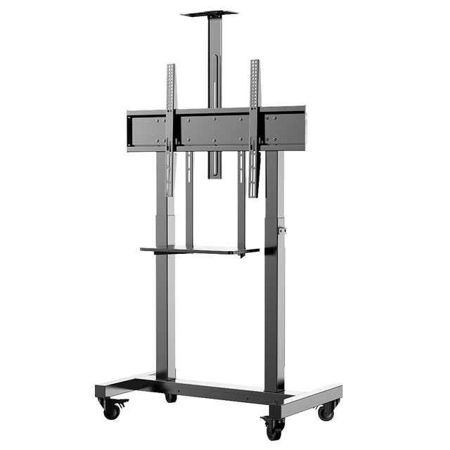 Modern Steel Black TV Stand Four Silent Wheels Movable Height Adjustable Mobile TV Cart 86" Max Meeting Room Exhibition Box