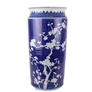 RZOY35-B 진한 파란색 유리 화이트 매화 꽃 패턴 도자기 우산 스탠드 홀더