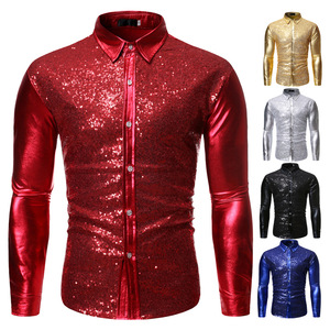 Chemises habillées boutonnées pour hommes <span class=keywords><strong>chemise</strong></span> brillante à paillettes Costume de scène or argent métallisé paillettes <span class=keywords><strong>chemise</strong></span> à paillettes - Product Image 3