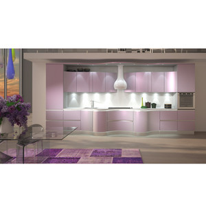 High End European Style <strong>Pink</strong> Curved Shaped Lacquer Kitchen <strong>Cabinet</strong> with Lights and Island - Product Image 3