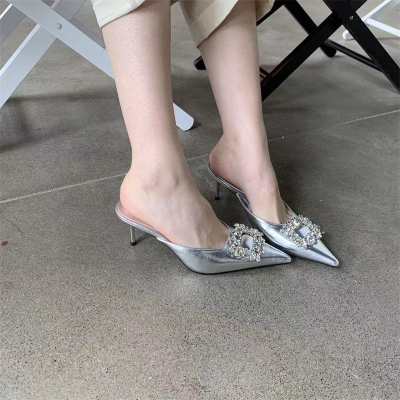 High Quality Rhinestone Square Buckle Pointed Toe Slip on Mules