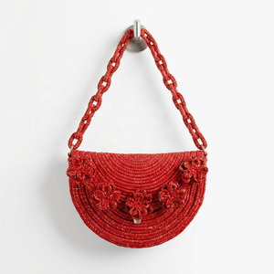 <b>Red</b> Beaded Bohemian Women's Shoulder <b>Clutch</b> Handbag with Floral Decor Open Top Polyester Lining Fashion Purse - Product Image 1
