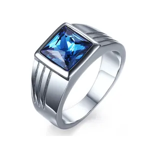Fashion Male Jewelry High Polished Silver Shinning Blue Rhinestone Inlay Stainless Steel Rings for Men's Wedding Ring