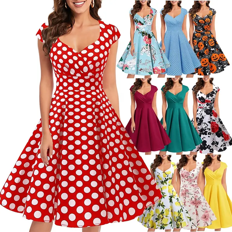 High Quality Red Ruffle Dress Support OEM service 2022 Women Trending Retro 1950s 60s Vintage Elegant Dresses For Women