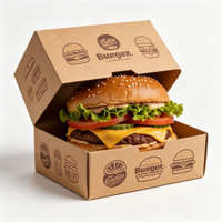 Boîtes à hamburgers en papier kraft écologiques et résistantes, personnalisables avec logo, impression quadricolore, design coquille compostable - Vente en gros