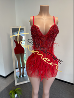 Robe de soirée Ocstrade rouge haute couture à plumes et cristaux scintillants, robe de fête d'anniversaire Quinceanera à rayures et strass