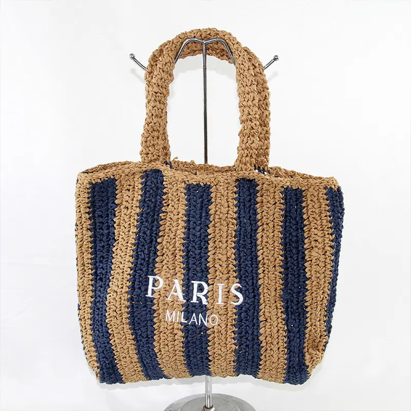 Bolso de mano de lujo hecho a mano para mujer con logotipo personalizado, bolso de playa de verano, bolsas de ganchillo de paja de papel con patrón de bordado