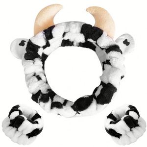 Ensemble bandeau et bracelets en tissu imprimé vache, doux, noir et blanc à pois, pour le lavage du visage, le maquillage, le spa, les soins de la peau, cadeau mignon - Product Image 1