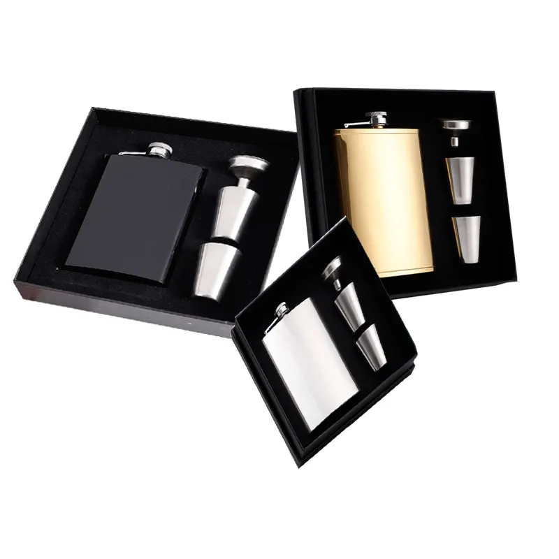 Geschenk box 6 8 Unzen Silber Schwarz Gold Regenbogen benutzer definierte Logo Metall Edelstahl Tasse Trichter Kit Schnaps Wein Alkohol Whisky Flach mann