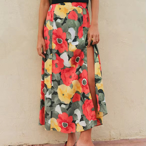Women's Vibrant Red Yellow Poppy Floral Print High Waist Split <b>Thigh</b> A-Line Midi Skirt - Product Image 6