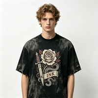 T-shirt délavé pour homme, style old school, imprimé graphique tatouage rose, poignard, serpent, en coton épais, vente en gros, commande en gros, direct usine