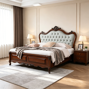 Traditional Queen Size Wood Bed Frame with Tufted Faux Leather Upholstery and Mahogany Finish - Product Image 6