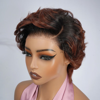 Perruques courtes en cheveux humains 100% Remy brésiliens, couleur rouge vin, avec dentelle transparente HD, pour femmes noires