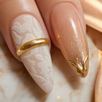 Faux ongles à presser personnalisés avec breloque dorée, longs, forme amande, dentelle, nude, blanc, pailletés, gel brillant, ABS, marbré, vente en gros OEM