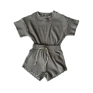 Custom casual Infant toddler baby girls striped ribbed outfits short sleeve shirt and shorts summer set
