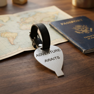 Étiquette de bagage en laiton plaqué argent, faite à la main, en forme de montgolfière, avec la phrase « L'aventure moderne vous attend » - Product Image 2