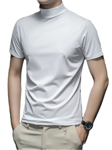 Camisetas de cuello medio para hombre, juveniles, de cuello alto, de manga corta, 100% algodón, ecológicas, ajustadas, de color liso, al por mayor - Product Image 4