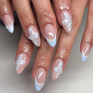 <span class=keywords><strong>Faux</strong></span> <span class=keywords><strong>Ongles</strong></span> en Acrylique Réutilisables de Haute Qualité, Couverture Complète, Forme Amande Courte, Bleu Papillon Français, Effet Perle, 24 Pièces, Vente en Gros - Product Image 1