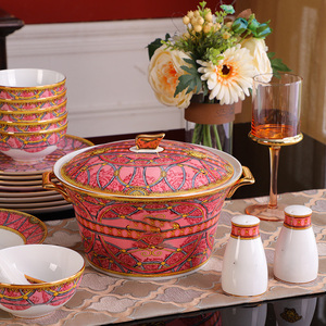 Service de table en porcelaine fine Palace Pink Luxury Royal Gold Inlay, haute qualité, céramique émaillée, coffret cadeau, promotion Europe, 58 pièces - Product Image 4