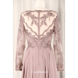 妈妈新娘现代咖啡色雪纺裙加大码长袖全背勺领刺绣串珠亮片晚装 - Product Image 6